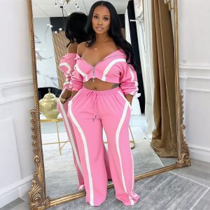 Contrast-color Long-sleeve Cardigan Sports-style Two-piece Set, Fashionable And Casual