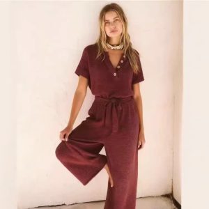 New Womens V-neck Buttoned Short-sleeve Wide-leg Pants With A Tie