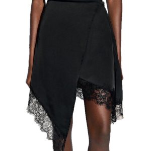 Solid-color Lace-panel A-line Asymmetrical Skirt For Women