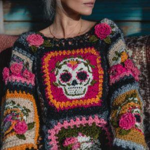 Womens Retro Printed American Style Streetwear Loose Knit Sweater Top