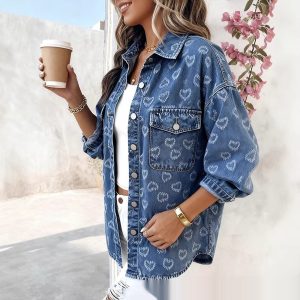 Womens Retro Full Print Heart Jacquard Denim Jacket