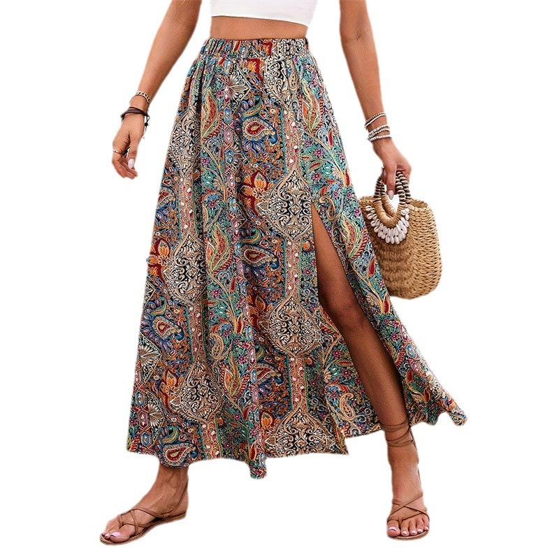 Womens Ethnic-style Floral-print A-line Skirt With A Slit - الصورة 5