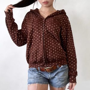 Stylish European And American-style Dotted Print Zip-up Hooded Lightweight Coat