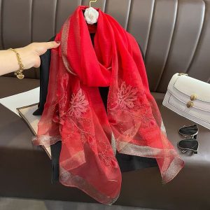 Versatile Embroidered Silk-Feel Thermal Scarf
