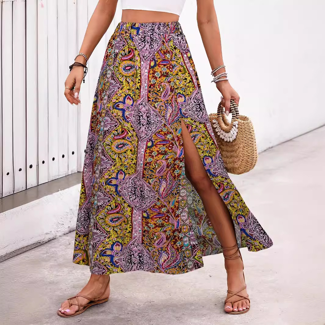 Womens Ethnic-style Floral-print A-line Skirt With A Slit - الصورة 3