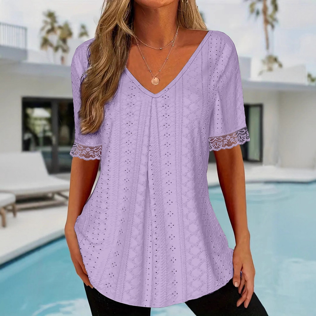 Womens Solid-Color V-Neck Loose Short-Sleeve Pleated T-Shirt Top - Image 4