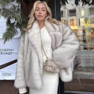 Mid Length Womens Faux Fox Fur Coat With A Blazer Style Collar