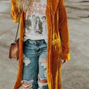 Womens European And American-style Gold Velvet Loose Mid-length Coat