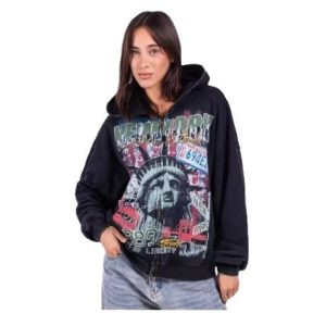 High-street Vintage Washed-and-distressed Print Hoodie With A Zip-up Hood