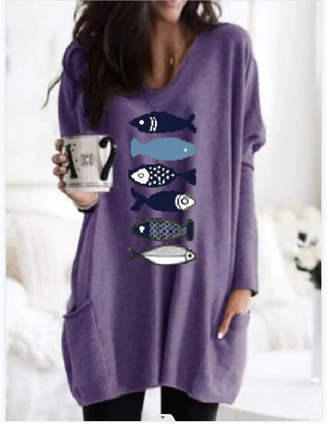 Womens Loose Plus-Size Casual Pullover Top With Long Sleeves And Print - Image 2