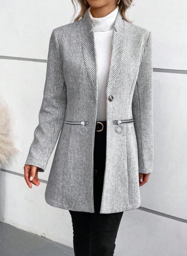 Vertical Patterned Women's Woolen Coat Casual Coat - الصورة 5
