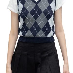 Retro Preppy Style Versatile Diamond-Check BM Knitted Vest