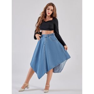 Womens Solid-Color Irregular Denim Skirt High-Waisted Denim Skirt