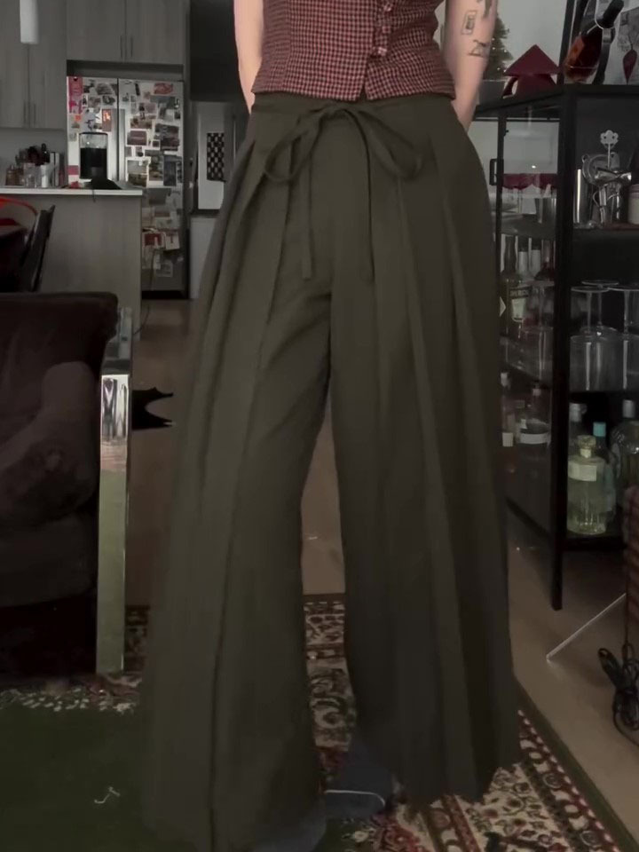 Military Green High Waist Wide-Leg Draped Pants