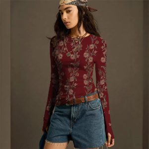 New Womens Retro Floral-print Knit Slim-fit