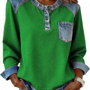 Patchwork Button Pocket Long Sleeved Round Neck Top