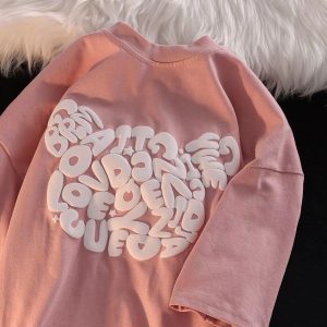 Womens Korean-style Loose-fit Short-sleeve Top With A Print