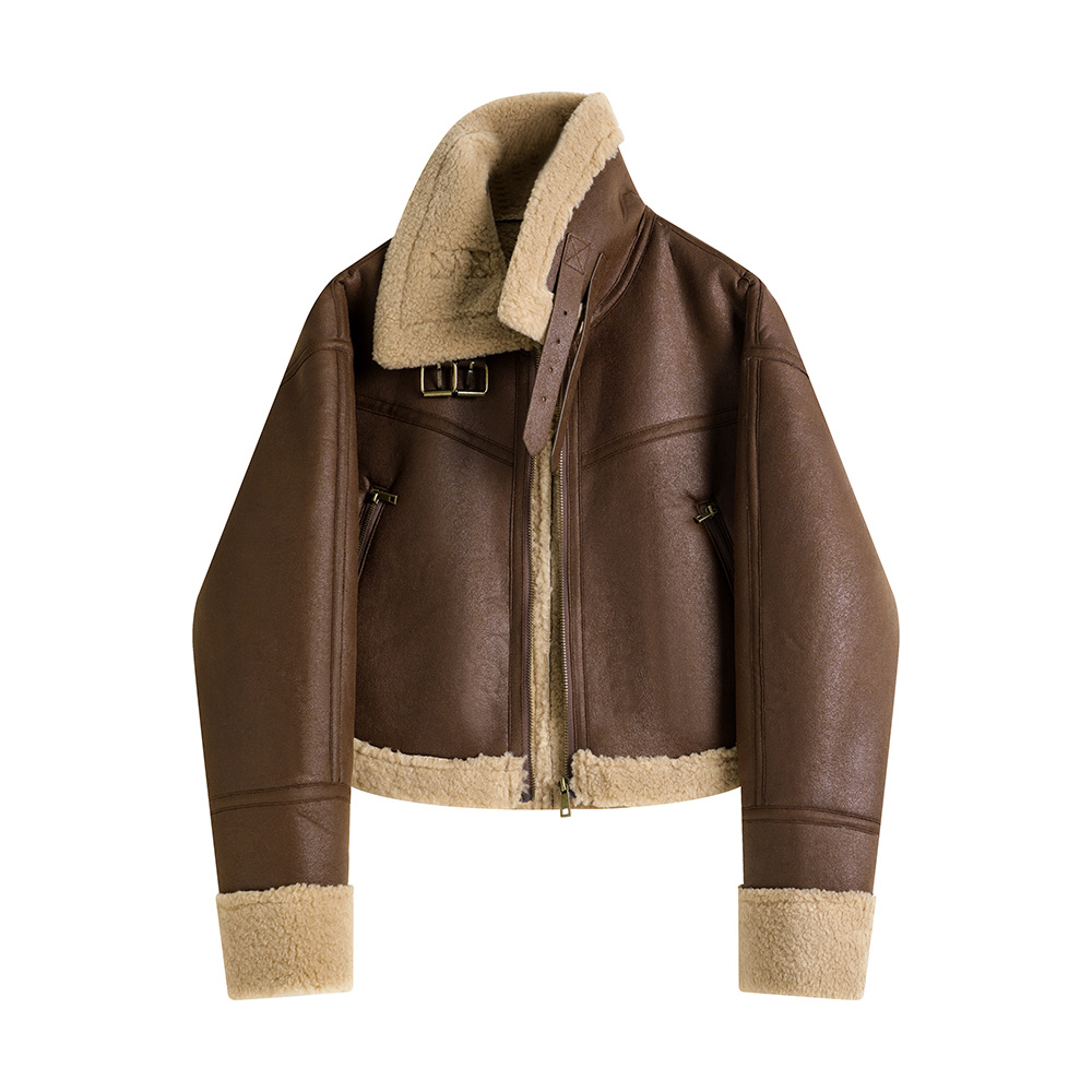 Stand Collar Fur Integrated Lamb Fur Short Coat - Image 3