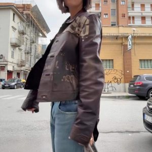 Fashionable Minimalist Versatile Printed Leather Short Jacket With Long Sleeves