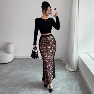 Womens Leopard-Print Patchwork High-Waist Bodycon Split Skirt