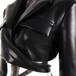 Full Open Cross Lace-up Waist-controlled Chest-flattering Long Sleeve PU Leather Short Coat