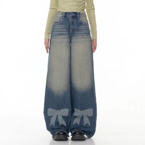 Retro Wide-leg Bow-tie Printed Washed Denim Jeans