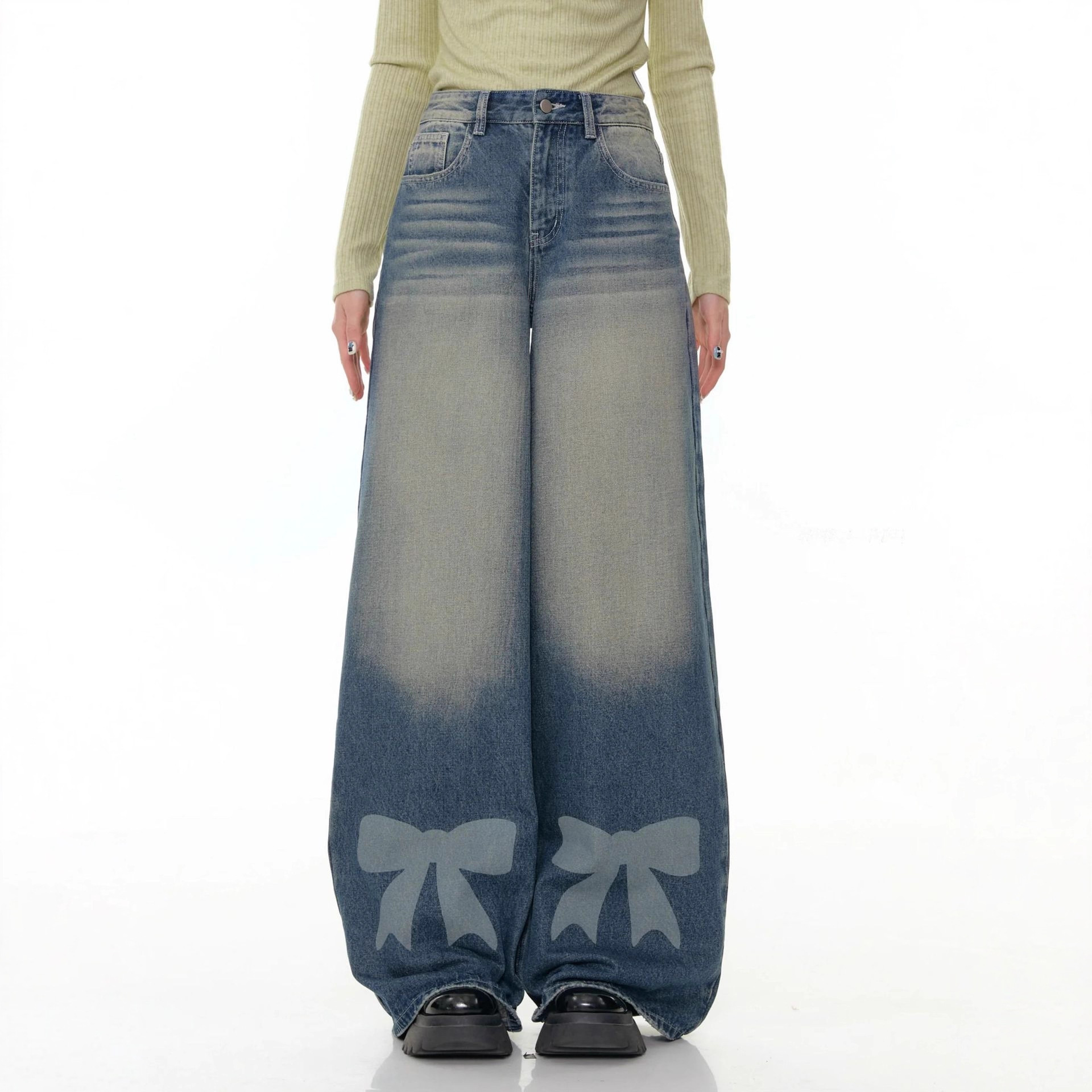 Retro Wide-leg Bow-tie Printed Washed Denim Jeans - الصورة 5