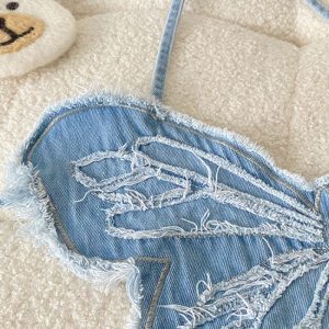 Embroidered Camisole With Butterfly Theme Sexy Blue Stage Performance Top For Girl Groups