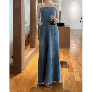 Elegant Figure-flattering Denim Slip Dress With A Side Slit