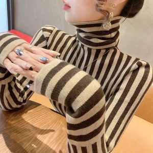 Womens Casual Striped Knitted Turtleneck Sweater