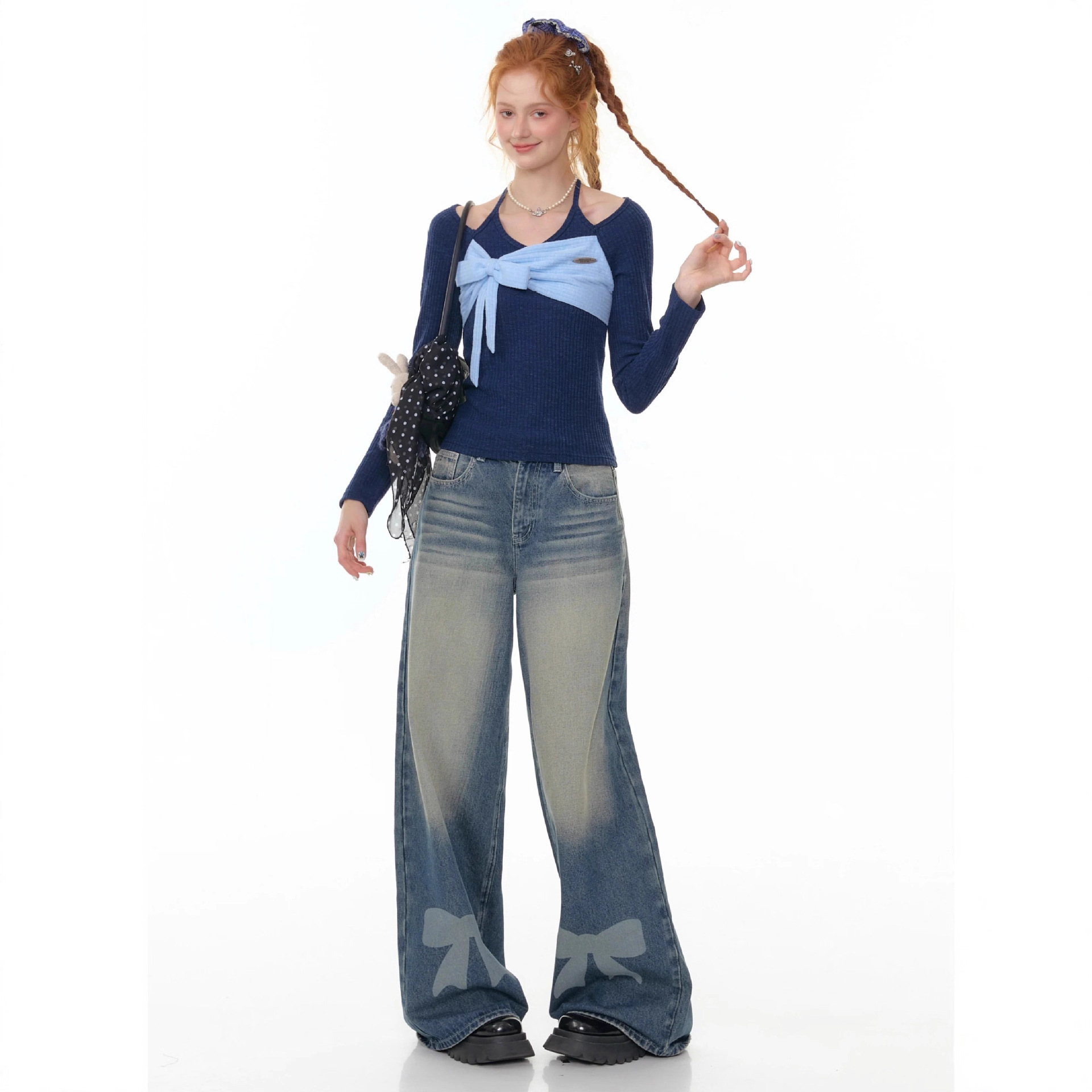 Retro Wide-leg Bow-tie Printed Washed Denim Jeans - الصورة 2