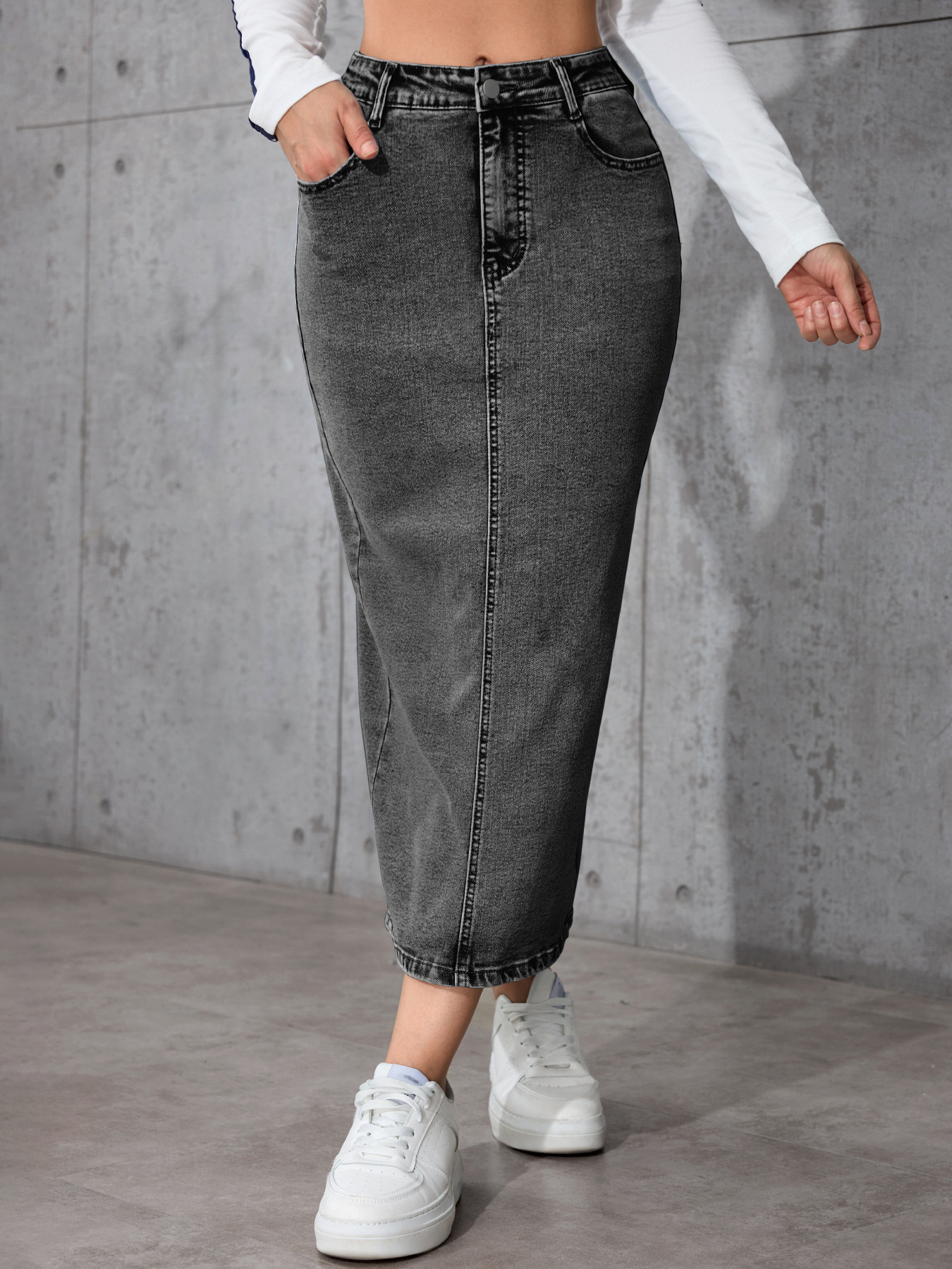 Womens Solid-Color High-Waist Plus-Size Split Pencil Skirt - Image 7