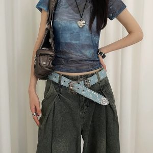 Blue Denim Belt Vintage Carved Leather Belt Accessory