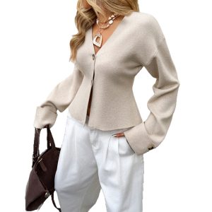 Womens Solid-Color Casual Resort V-Neck Cropped Jacket