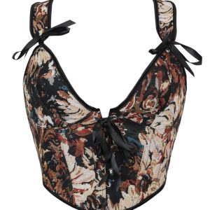 New French-style Oil Painting Inspired Front-tie Fishbone Waist Cincher