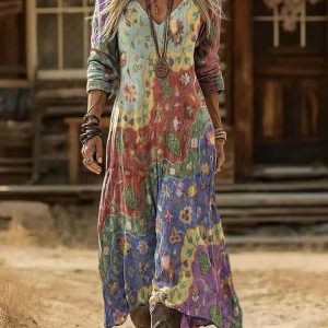 Womens 3D-printed V-neck Long-sleeve Dress