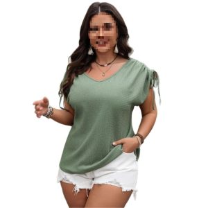 Womens V-neck Loose-fit Drawstring Short-sleeve Top