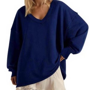 New Solid-color V-neck Loose-fitting Long-sleeve Top For Women