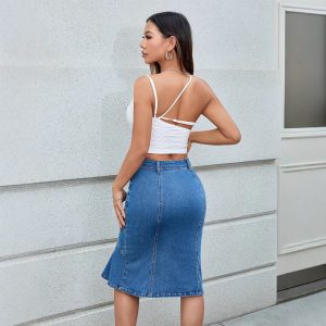 Womens Fitted Midi Skirt With A Flared Fishtail Hem And Patchwork Design