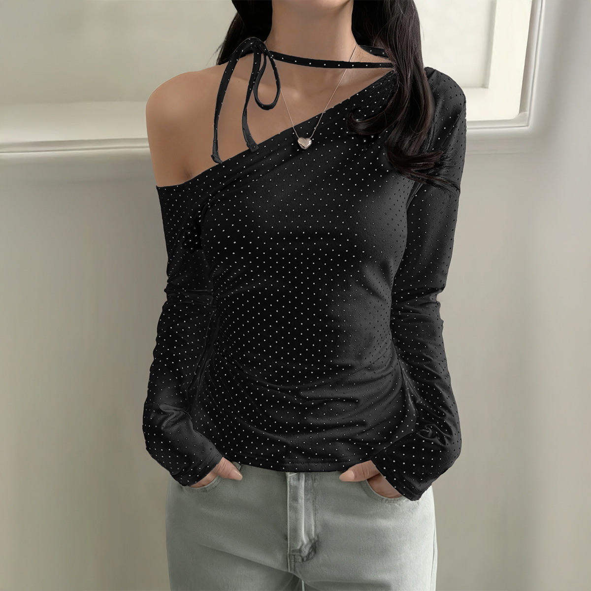 Versatile Cat-Print Lace-Up Long-Sleeve T-Shirt For Women - الصورة 2