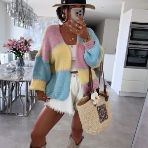 New Colorful Plaid Patchwork Contrast-color Knit Sweater Jacket With Gold Thread