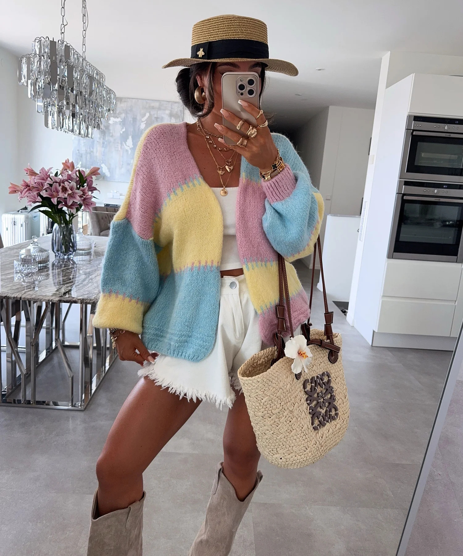 New Colorful Plaid Patchwork Contrast-color Knit Sweater Jacket With Gold Thread - الصورة 6