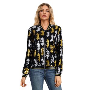Slim-fit Elegant Long-sleeve Sequin Baseball Jacket For Workwear
