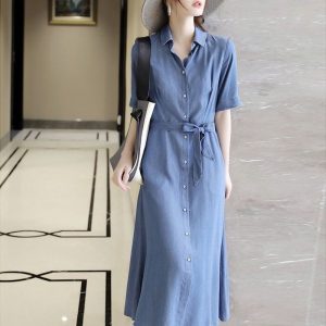 New Slimming Mid-length Denim Dress With Short Sleeves