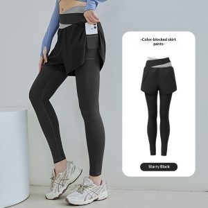 New Color-block Faux Two-piece Yoga Pants With Side Pockets