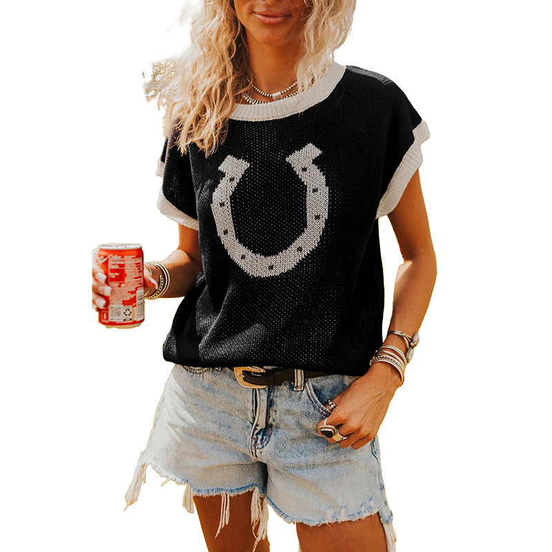 Womens Crew-neck Knitted Short-sleeve Pullover Top - Image 6