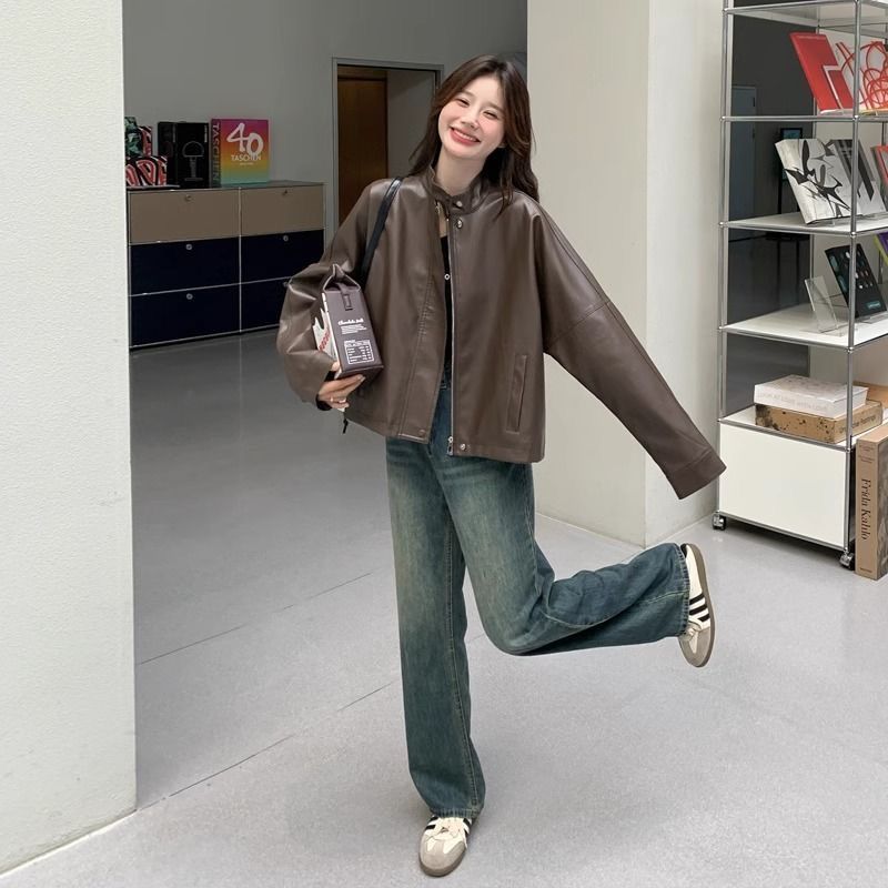 Womens Cropped American Retro Coffee-colored Leather Biker Jacket - Image 4