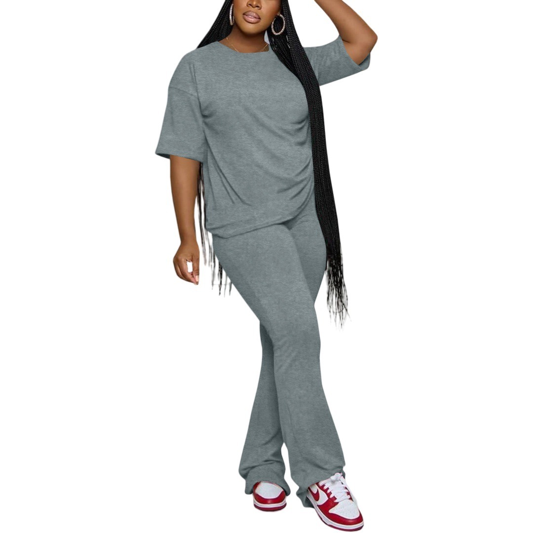 Casual Solid-Color Cotton-Like Crew-Neck Two-Piece Set - الصورة 7