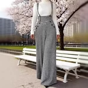 New European And American-style Elegant Houndstooth Buttoned Wide-leg Overalls For Women