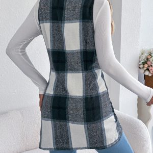 Women's Plaid Double-Breasted Pocket Tweed Long Vest